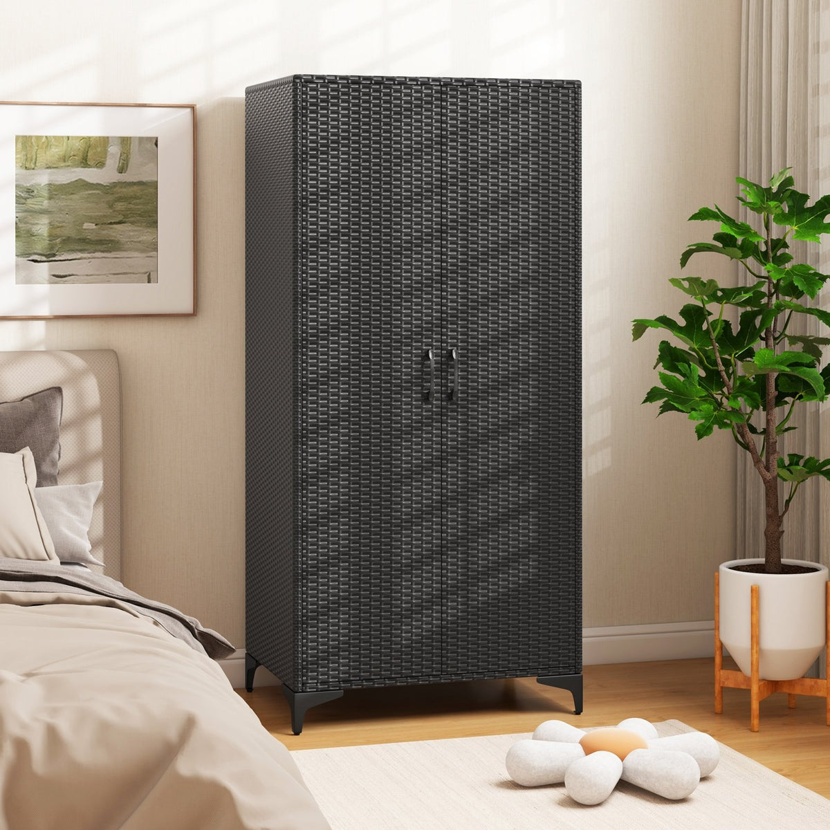 62 Inch Wicker Wardrobe with 2 Doors PE Rattan Closet with Hanging Rod-Black view 2