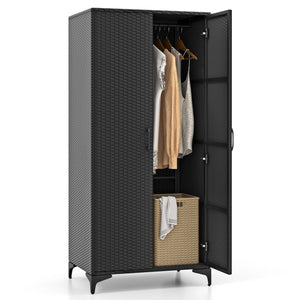 62 Inch Wicker Wardrobe with 2 Doors PE Rattan Closet with Hanging Rod-Black view 4