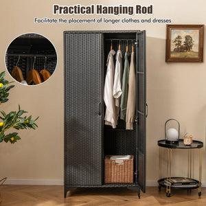 62 Inch Wicker Wardrobe with 2 Doors PE Rattan Closet with Hanging Rod-Black view 7