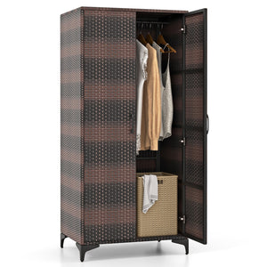 62 Inch Wicker Wardrobe with 2 Doors PE Rattan Closet with Hanging Rod-Brown view 4