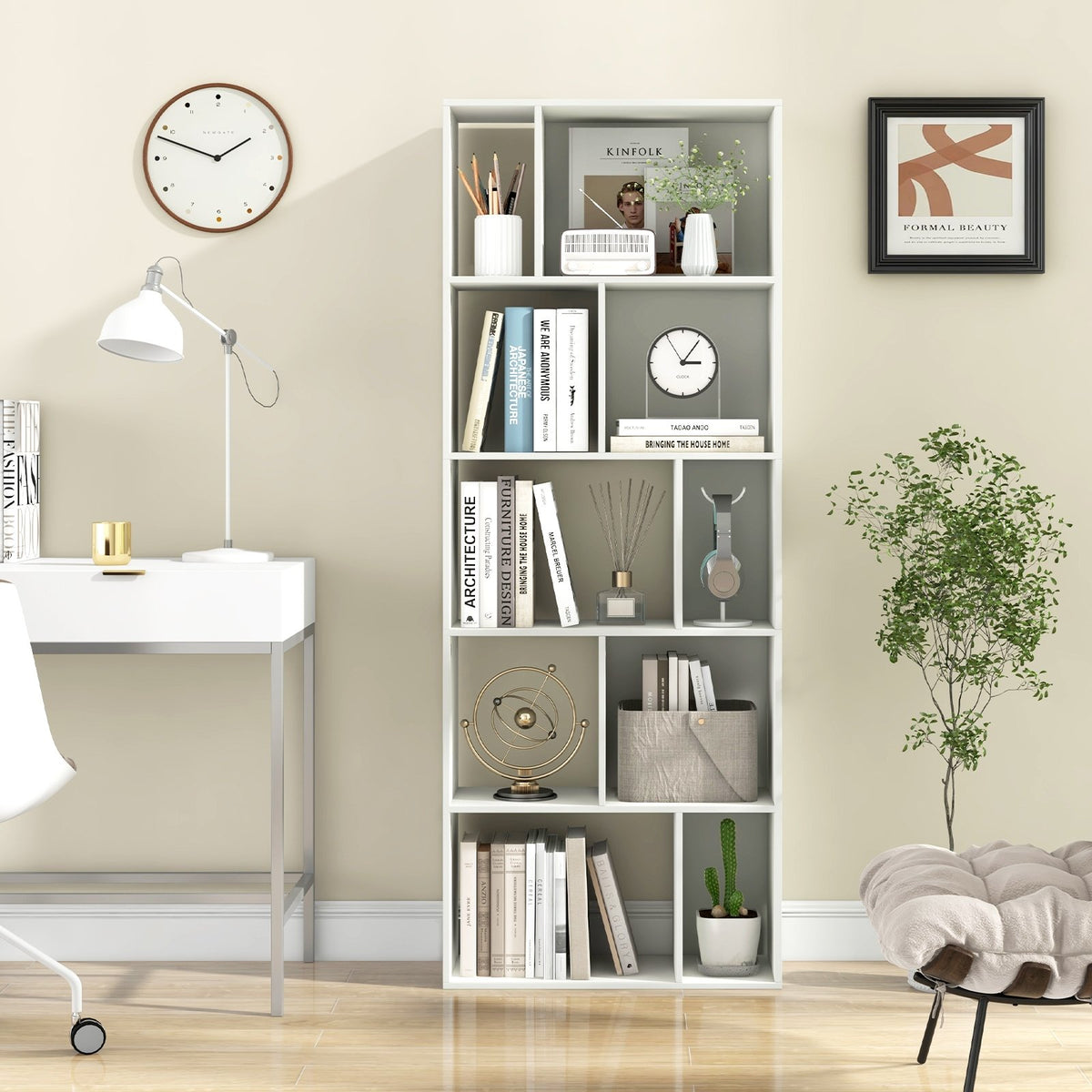 63 Inch 5-Tier Geometric 10-Cube Bookshelf Tall Bookcase-White view 2