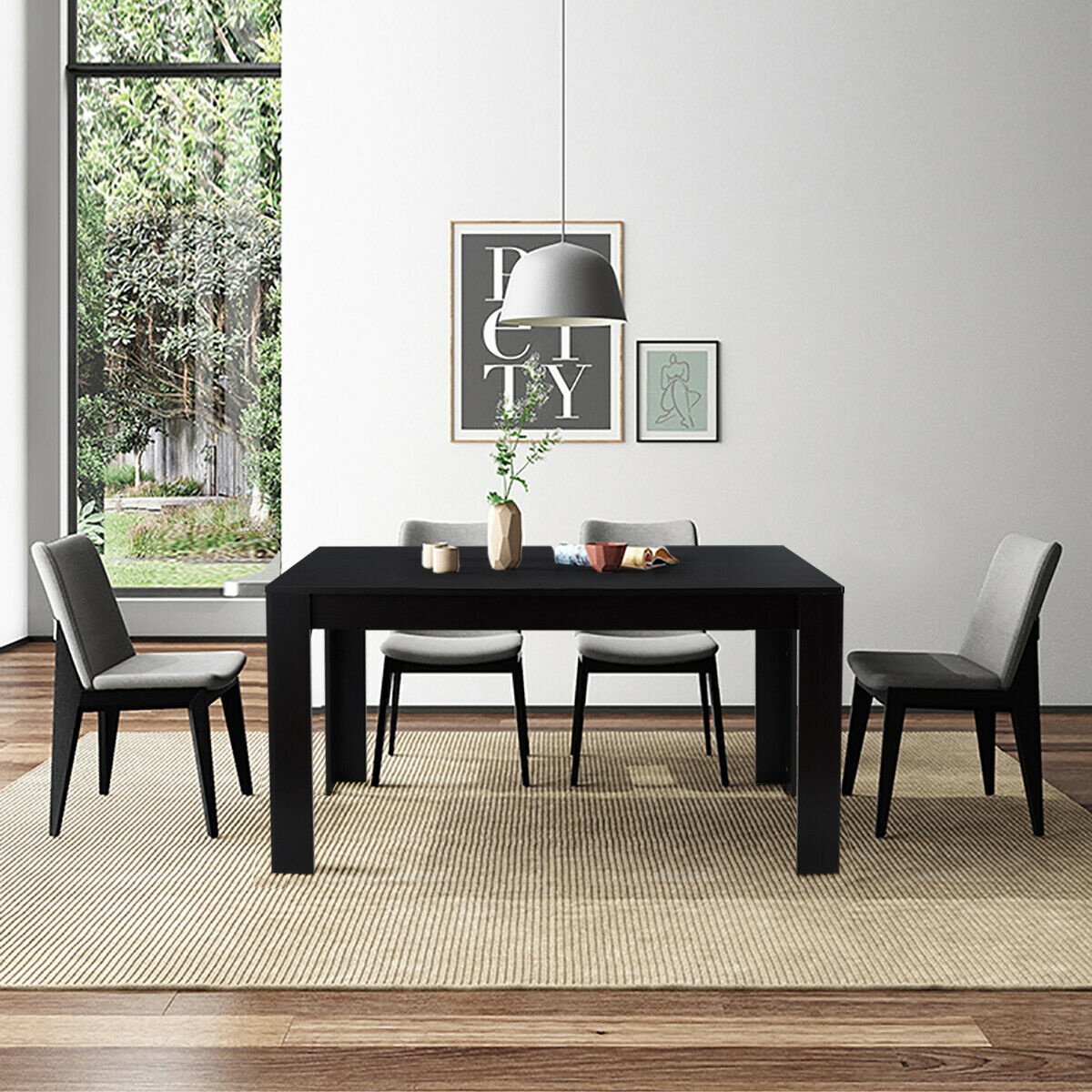 63 Inch Rectangular Modern Dining Kitchen Table for 6 People-Black view 2
