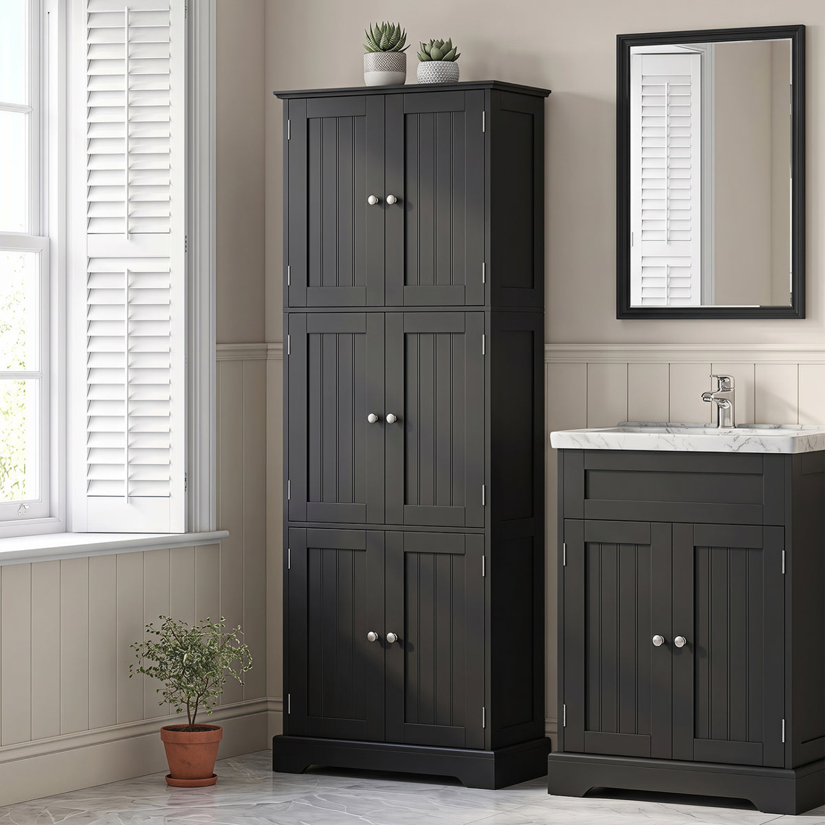 63 Inch Tall Bathroom Storage Cabinet with 6 Doors and Adjustable Shelves-Black view 2