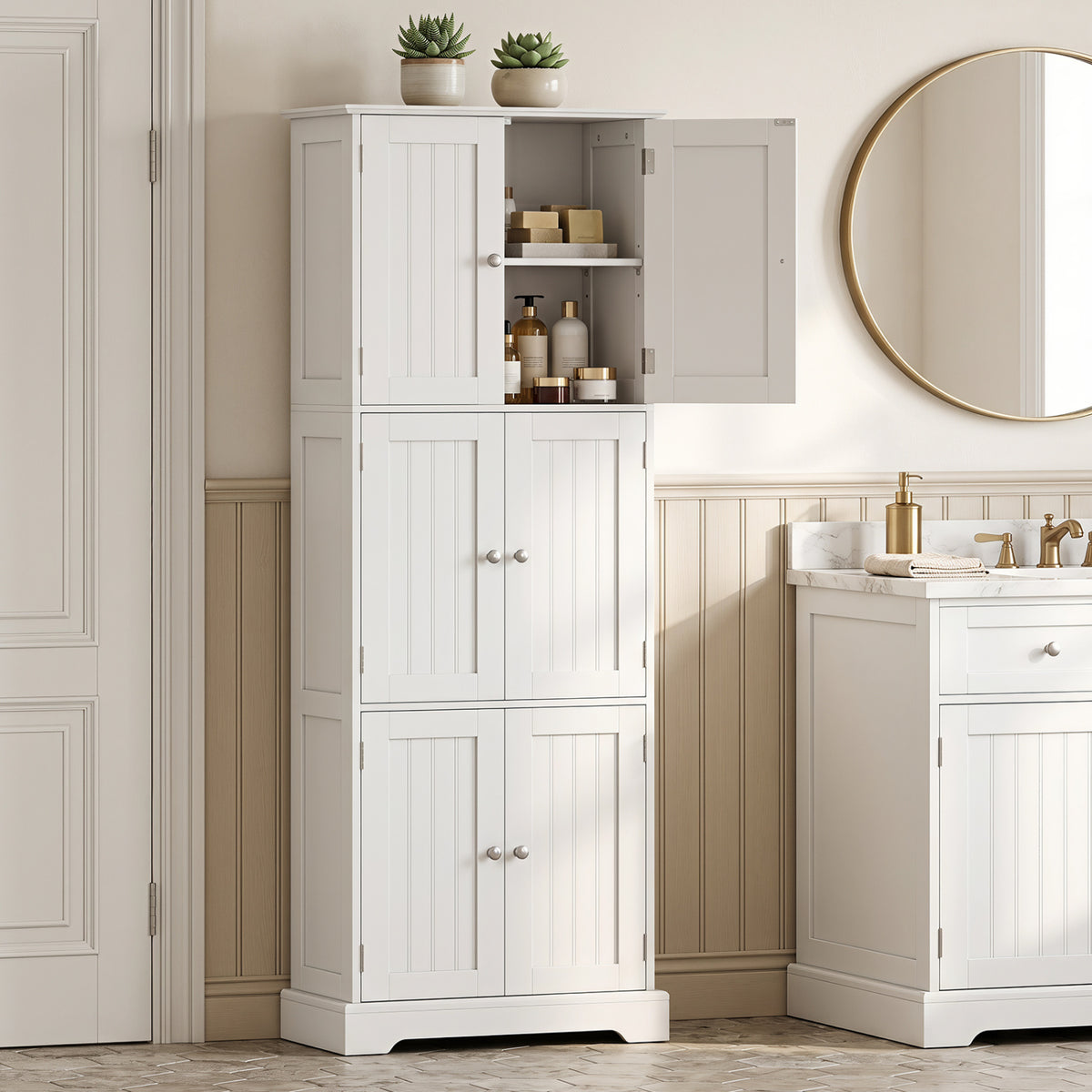 63 Inch Tall Bathroom Storage Cabinet with 6 Doors and Adjustable Shelves-White view 2