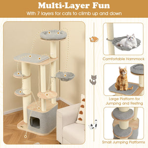63 Inch Tall Cat Tree Modern Wooden Cat Tower with Perch Condo Hammock-Gray view 8