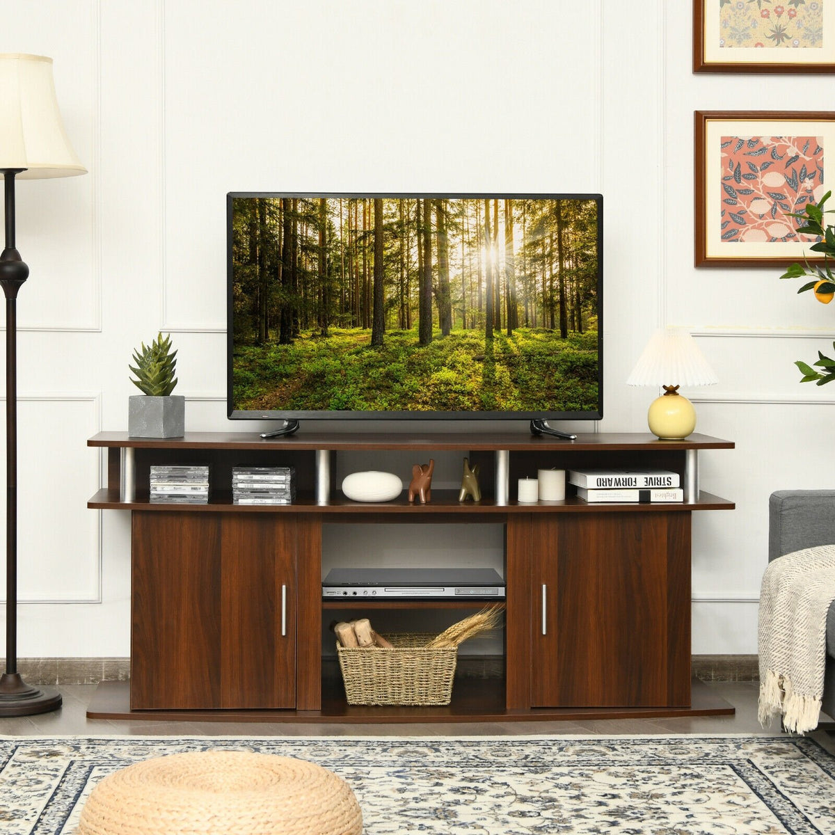 63 Inch TV Entertainment Console Center with 2 Cabinets-Walnut view 2