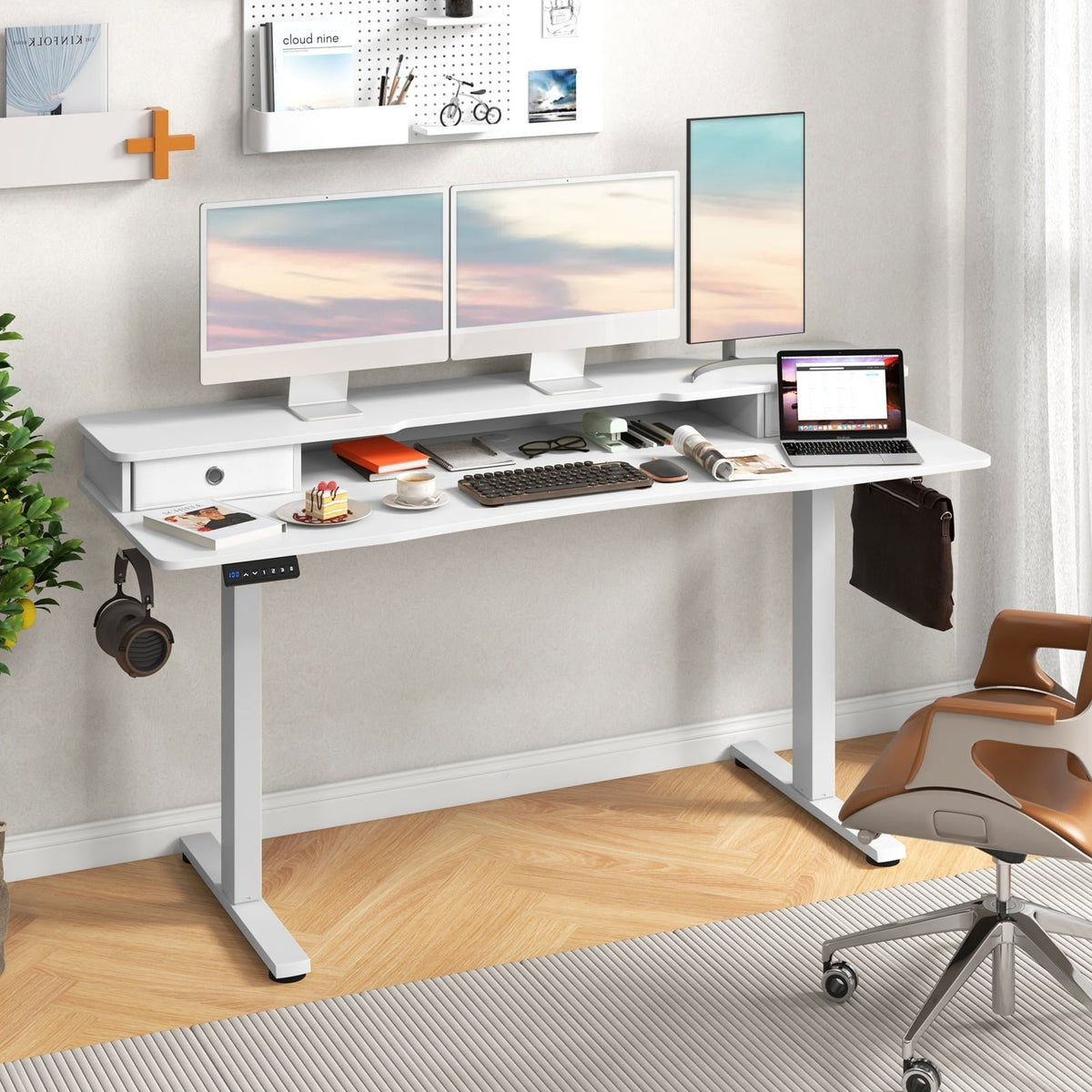 63 Inch x 24 Inch Electric Standing Desk with 2 Drawers-White view 2