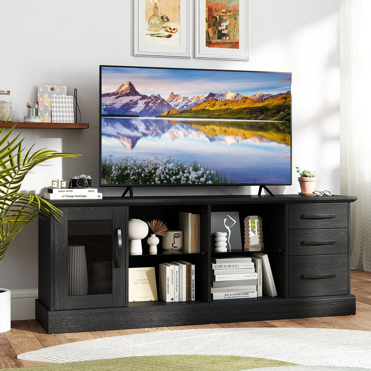 63 Inches Media Console Table with 3 Drawers and 2 Glass Shelves-Black view 2
