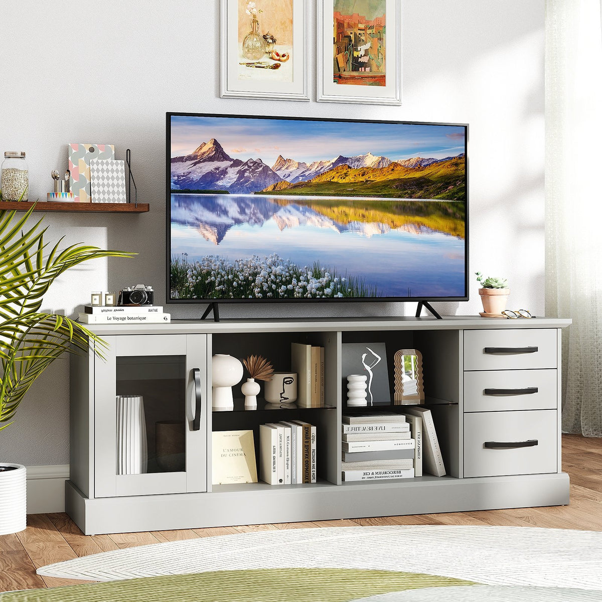 63 Inches Media Console Table with 3 Drawers and 2 Glass Shelves-Gray view 2