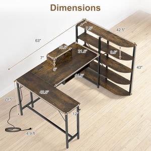 63 inches U-shaped Computer Desk with Power Outlets 5-Tier Bookshelf and Keyboard Tray-Rustic Brown view 5