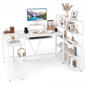 63 inches U-shaped Computer Desk with Power Outlets 5-Tier Bookshelf and Keyboard Tray-White