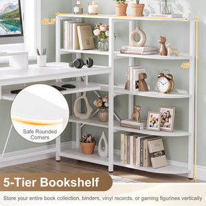 63 inches U-shaped Computer Desk with Power Outlets 5-Tier Bookshelf and Keyboard Tray-White view 8