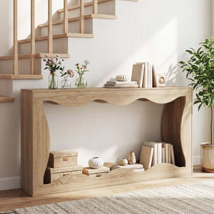 63 Inch Console Table 2-Tier Narrow Entryway Table with Wavy Edge Storage Shelf-Natural view 3