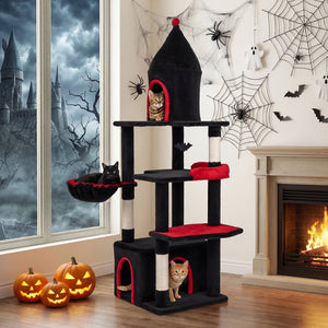63 Inch Gothic Cat Tree with Condo and Top Cave for Large Cats 20+ LBS-Black view 2