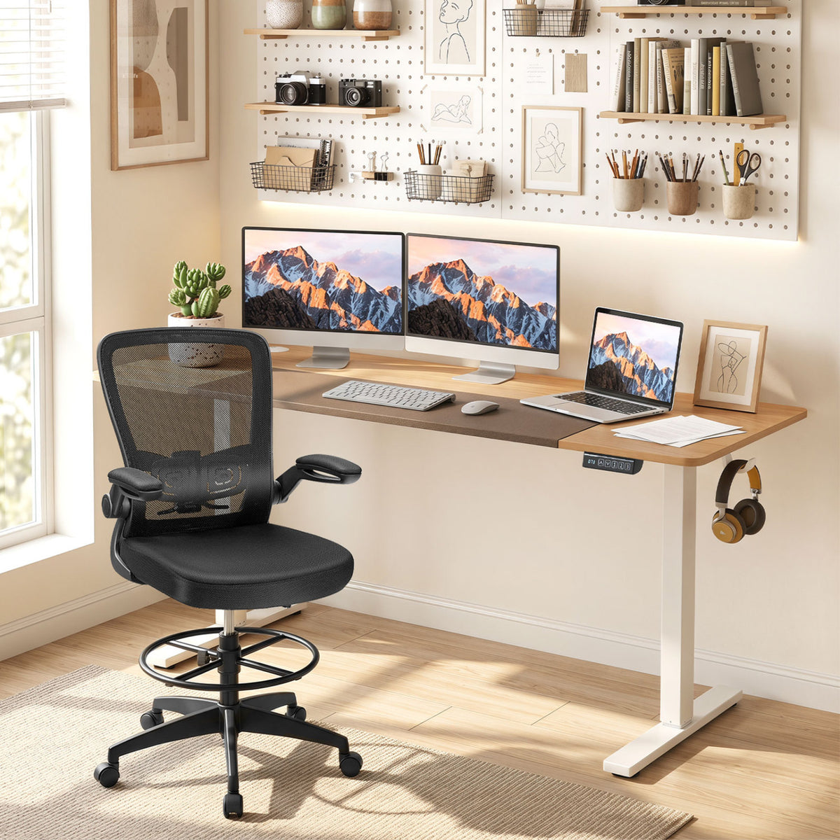 63 x 24 Inch Height Adjustable Sit Stand Computer Desk with 3 Memory Presets-Natural view 2