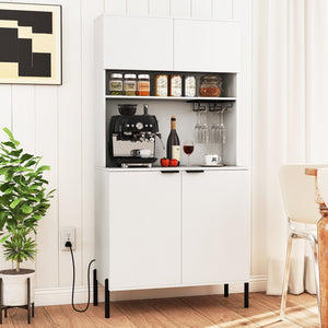 64.5 Inches Tall Kitchen Pantry Cabinet with Charging Station and Wine Glass Rack-White view 2