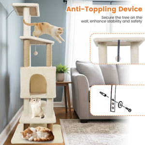 64 Inch Tall Cat Tree with 2 Large Condos and Jute Scratching Posts for Indoor Adult Cats-Beige view 9
