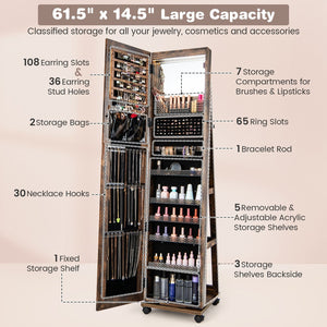 64 Inches Lockable Jewelry Cabinet Armoire with Built-in Makeup Mirror-Coffee view 7