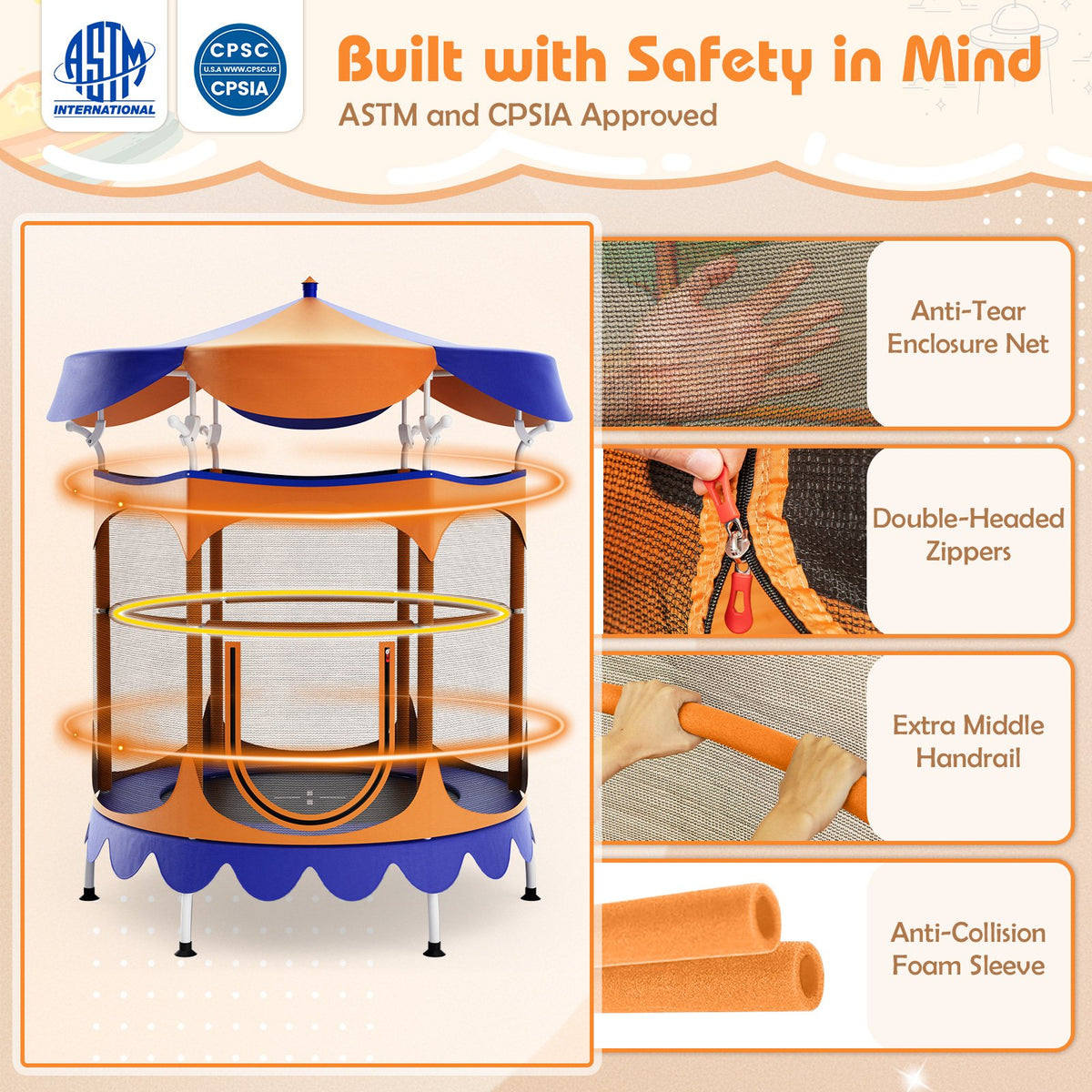 64 Inch Kids Trampoline with Detachable Canopy and Safety Enclosure Net-Orange view 2