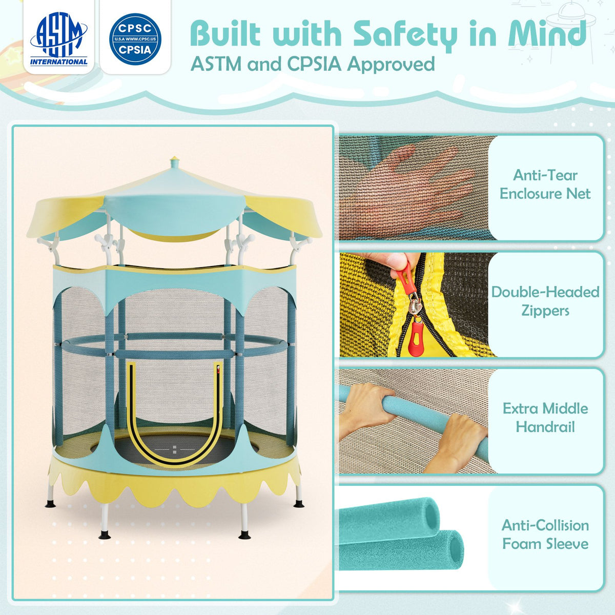 64 Inch Kids Trampoline with Detachable Canopy and Safety Enclosure Net-Yellow view 2