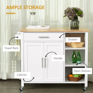 Wooden Rolling Kitchen Island on 360° Swivel Wheels Dining Cart with Drawer, Towel Rack for Kitchen, White