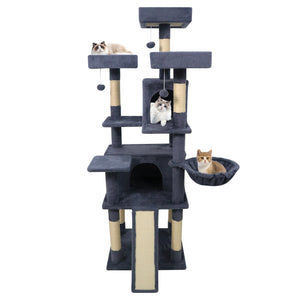 65 Inch Tall Multi-level Cat Tree with 3 Upholstered Perch and 2 Cat Condos-Dark Gray view 4