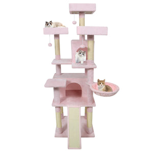 65 Inch Tall Multi-level Cat Tree with 3 Upholstered Perch and 2 Cat Condos-Pink view 4
