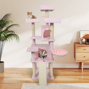 65 Inch Tall Multi-level Cat Tree with 3 Upholstered Perch and 2 Cat Condos-Pink view 6