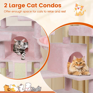65 Inch Tall Multi-level Cat Tree with 3 Upholstered Perch and 2 Cat Condos-Pink view 7
