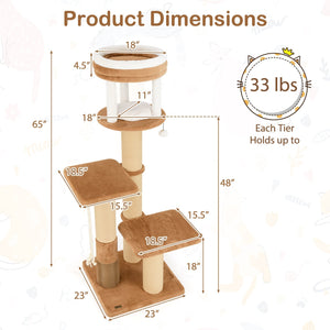65 Inches Tall Cat Tree with Self-groomer and Removable Cat Bed-Coffee view 5