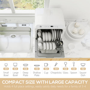 Portable Dishwasher, Counter Dishwasher with 4 Place Settings, 5 Washing Programs, Air-Dry Function, 6L Water Tank
