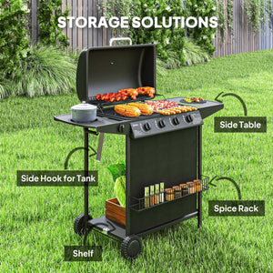 4+1 Burner Propane Gas BBQ Grill, Portable Gas Barbecue Grill with Side Burner, Thermometer, Lid, Side Table, Shelf, Spice Rack, Wheels, Grease Cup for Garden, Black