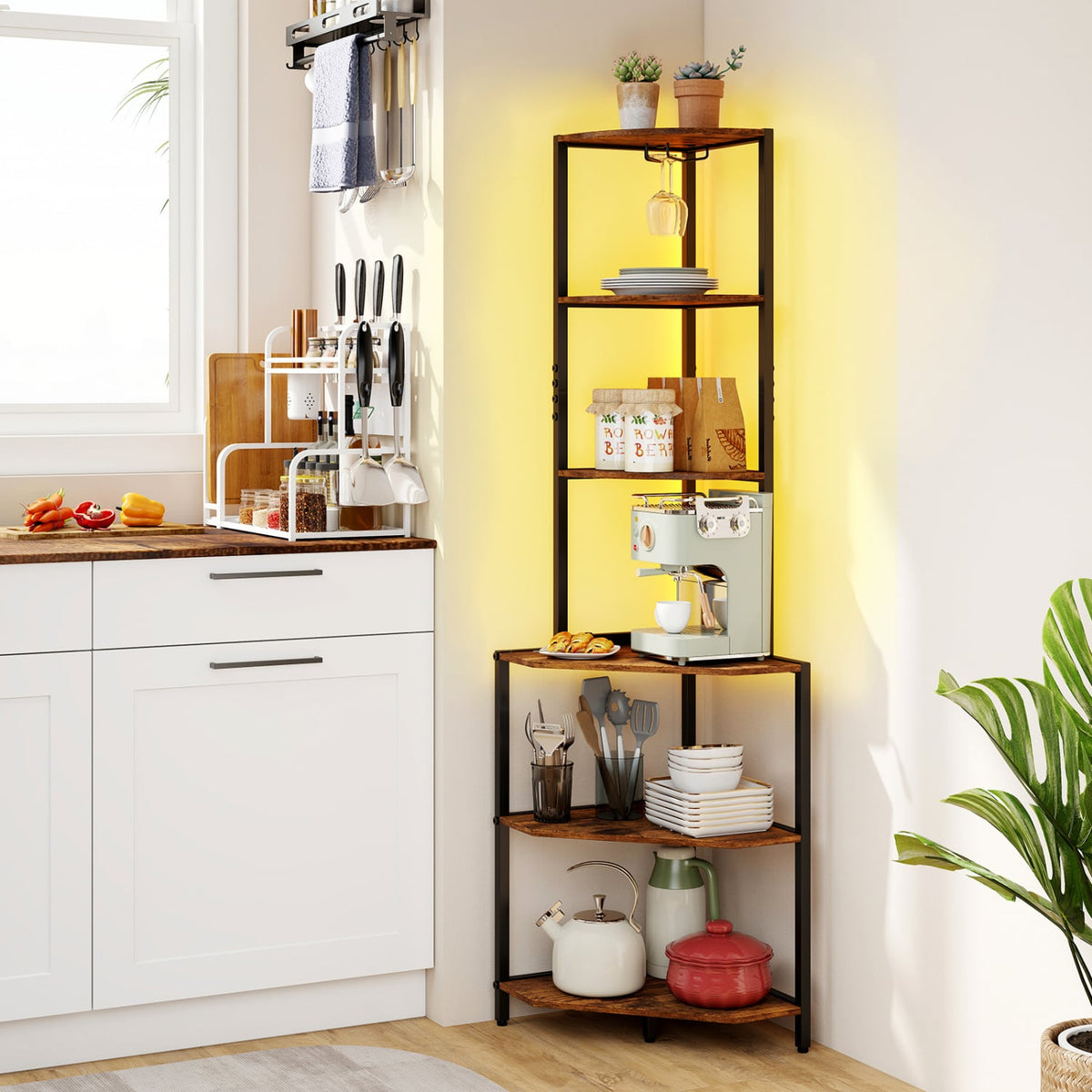 65 Inch 6-Tier Corner Shelf with Charging Station and Ambience Light-Rustic Brown view 2