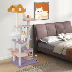 66 Inch Cute Cat Tree Cats Multi-level Tall Cat Tower with Sisal Covered Scratching Posts-Purple view 3