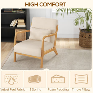 Fabric Lounge Chair, Velvet Armchair, Retro Accent Chair with Wood Legs and Thick Padding for Bedroom, Beige