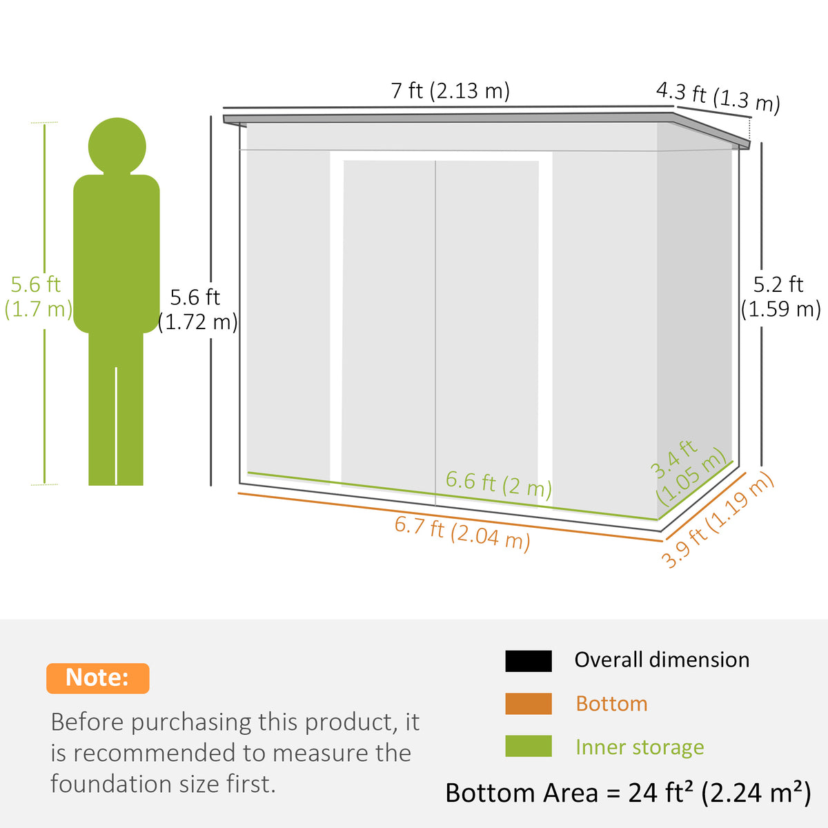 7' x 4' Galvanised Steel Garden Shed, with Foundation Kit - Green – view 2