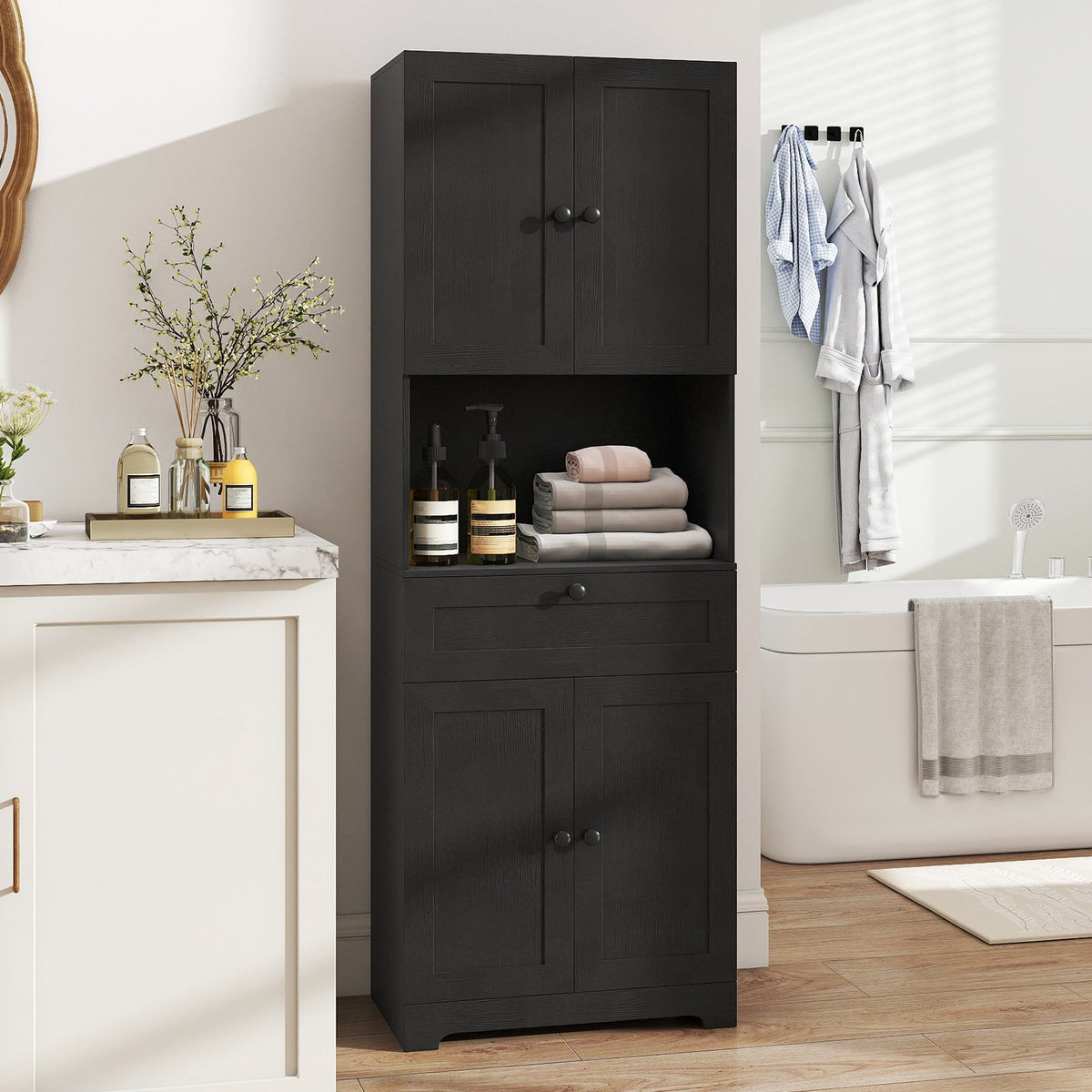 67.5 Inch Tall Modern Freestanding Floor Storage Cabinet with 4 Doors and 1 Drawer-Black view 2