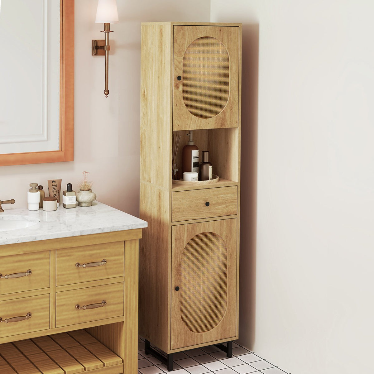 67 Inch Tall Bathroom Cabinet PE Rattan Floor Cabinet with 2 Doors-Natural view 2
