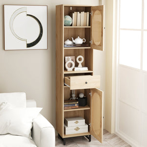 67 Inch Tall Bathroom Cabinet PE Rattan Floor Cabinet with 2 Doors-Natural view 3