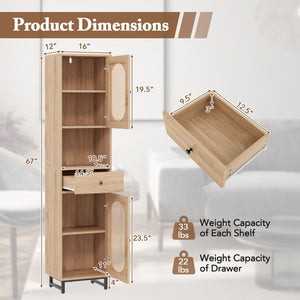 67 Inch Tall Bathroom Cabinet PE Rattan Floor Cabinet with 2 Doors-Natural view 4