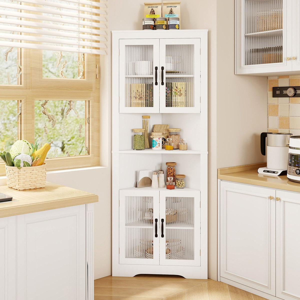 67 Inch Tall Corner Cabinet Triangular Buffet Cabinet with Tempered Glass Doors-White view 2