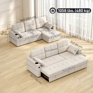 Convertible Sectional Sofa Bed, Pull Out Sleeper Sofa Couch with USB‑A+C, Chaise Storage – view 2