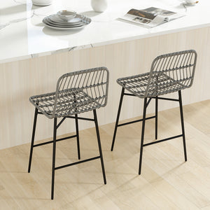 Rattan Counter Height Bar Stools Set of 2, 26" Counter Stools with Back, Modern Bar Chairs for Kitchen Island, Grey