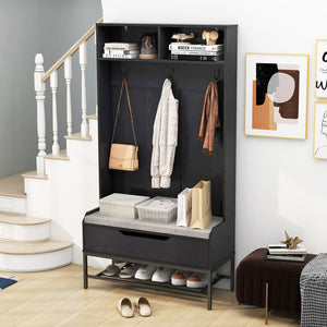 69 Inches Tall Hall Tree 4-in-1 Coat Rack with Seat Cushion and Shoe Storage-Black view 2