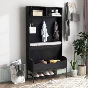 69 Inches Tall Hall Tree 4-in-1 Coat Rack with Seat Cushion and Shoe Storage-Black view 3