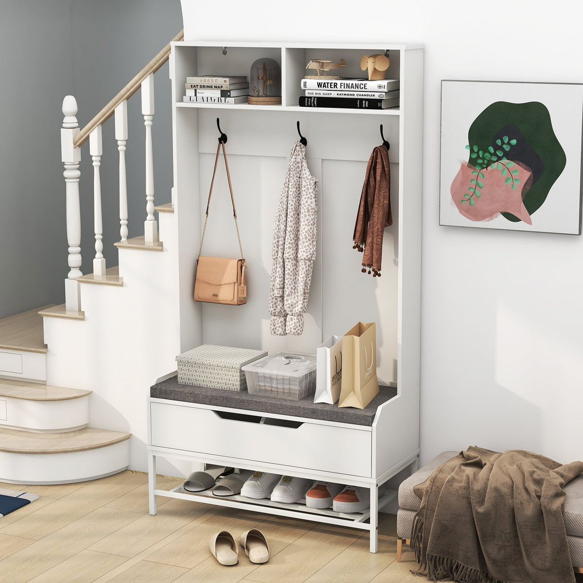 69 Inches Tall Hall Tree 4-in-1 Coat Rack with Seat Cushion and Shoe Storage-White view 2