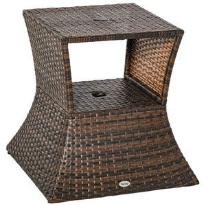Rattan Wicker Side Table, 21.3" Square Outdoor End Table with Umbrella Hole 2-Tier Storage for Patio Garden