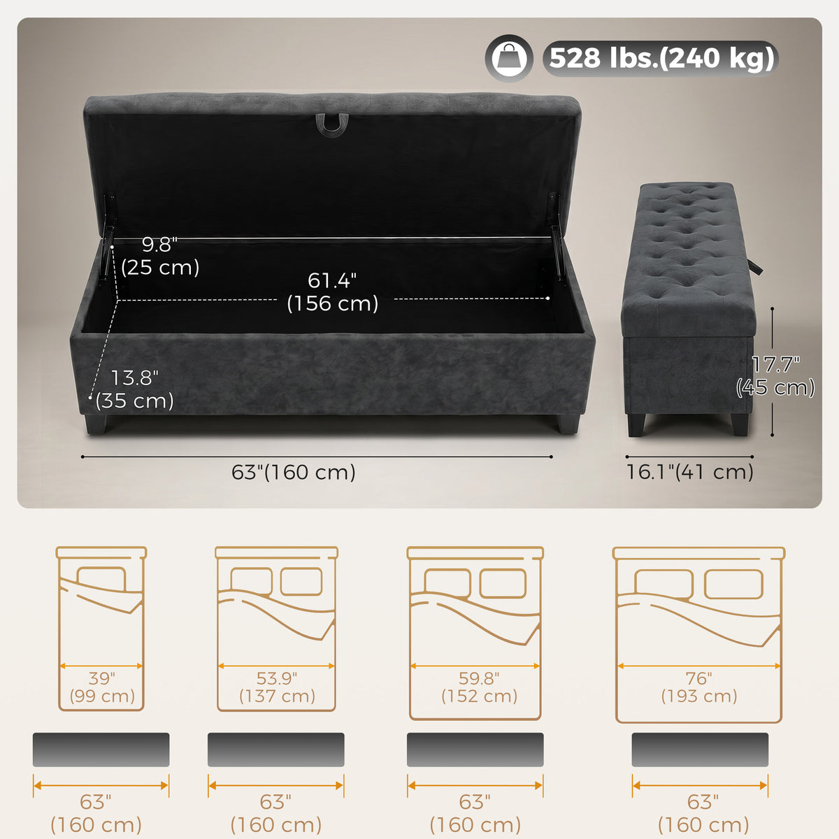 Storage Ottoman Bench, 63" End of Bed Bench for Queen/King Bed, Living Room, Bedroom, Entryway, Dark Grey