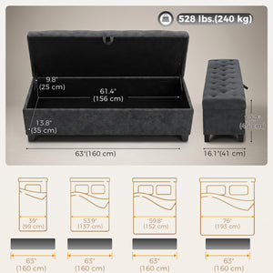 Storage Ottoman Bench, 63" End of Bed Bench for Queen/King Bed, Living Room, Bedroom, Entryway, Dark Grey