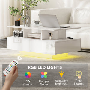 Coffee Table with RGB LED Lights, Modern Living Room Table with 4 Drawers, Open Shelf, Remote Control, High Gloss White